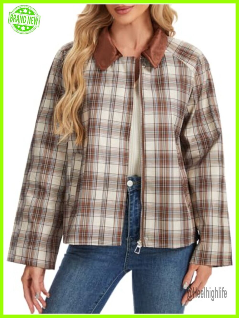Women's Plaid Barn Jacket Zip Up Lightweight Casual Coat Lapel Collar Long